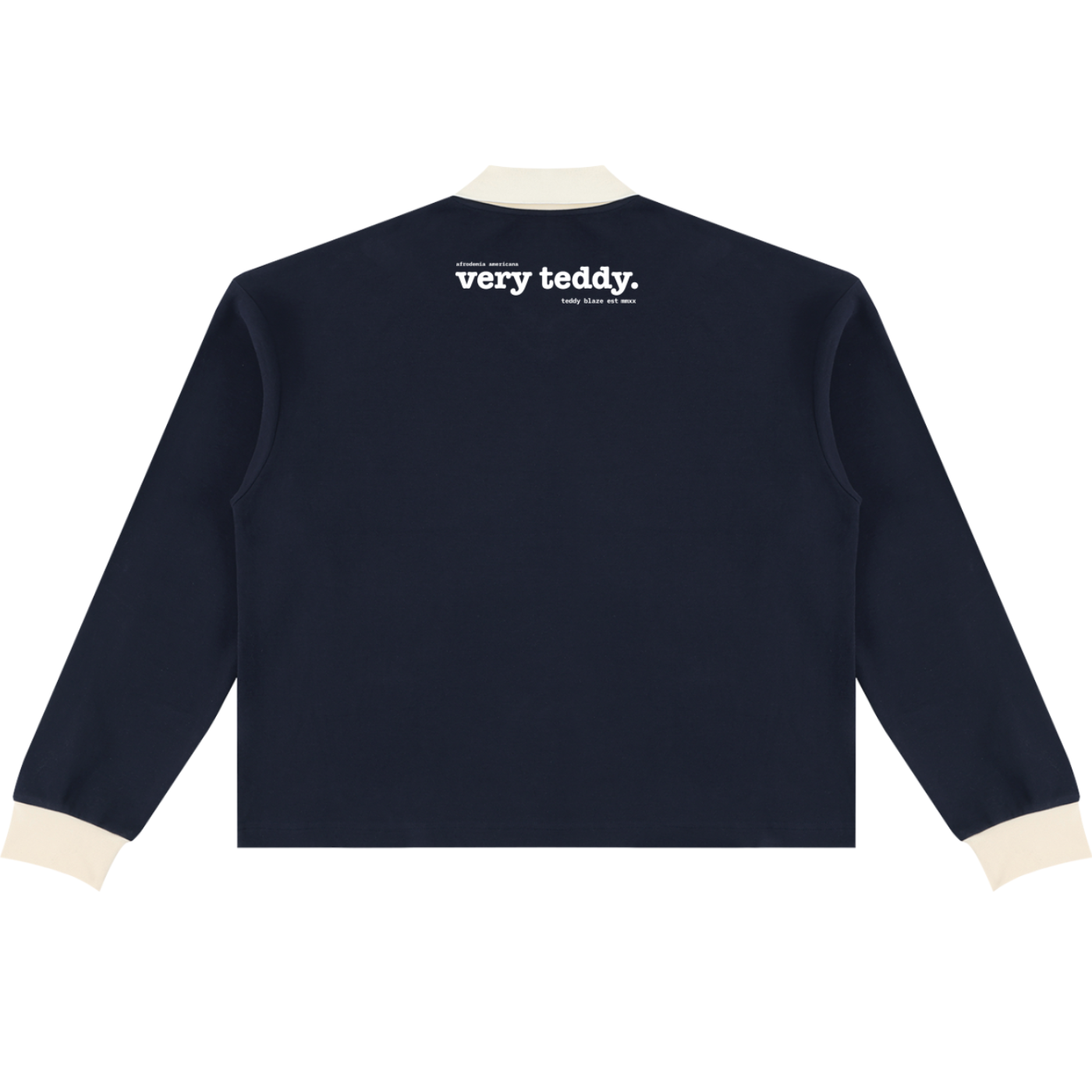 A heavyweight unisex rugby shirt featuring Bearatoo in Afrodemia style, with a navy body, cream contrast trim and relaxed collegiate silhouette.