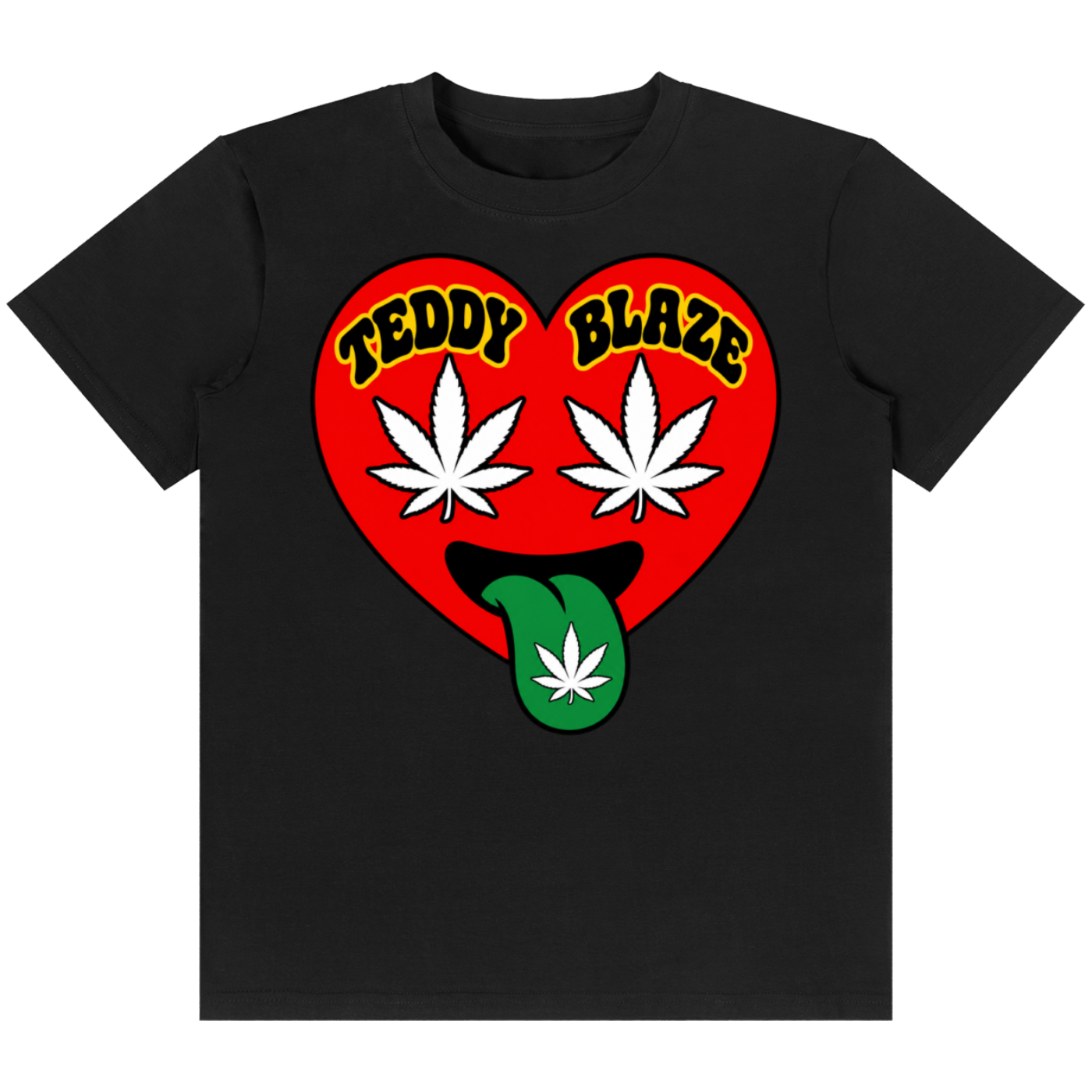A black short-sleeve crewneck t-shirt featuring a graphic of a red heart with the words 'TEDDY BLAZE' in yellow, two white cannabis leaves as eyes, and a green tongue sticking out with a white cannabis leaf on it, shown against a plain white background.