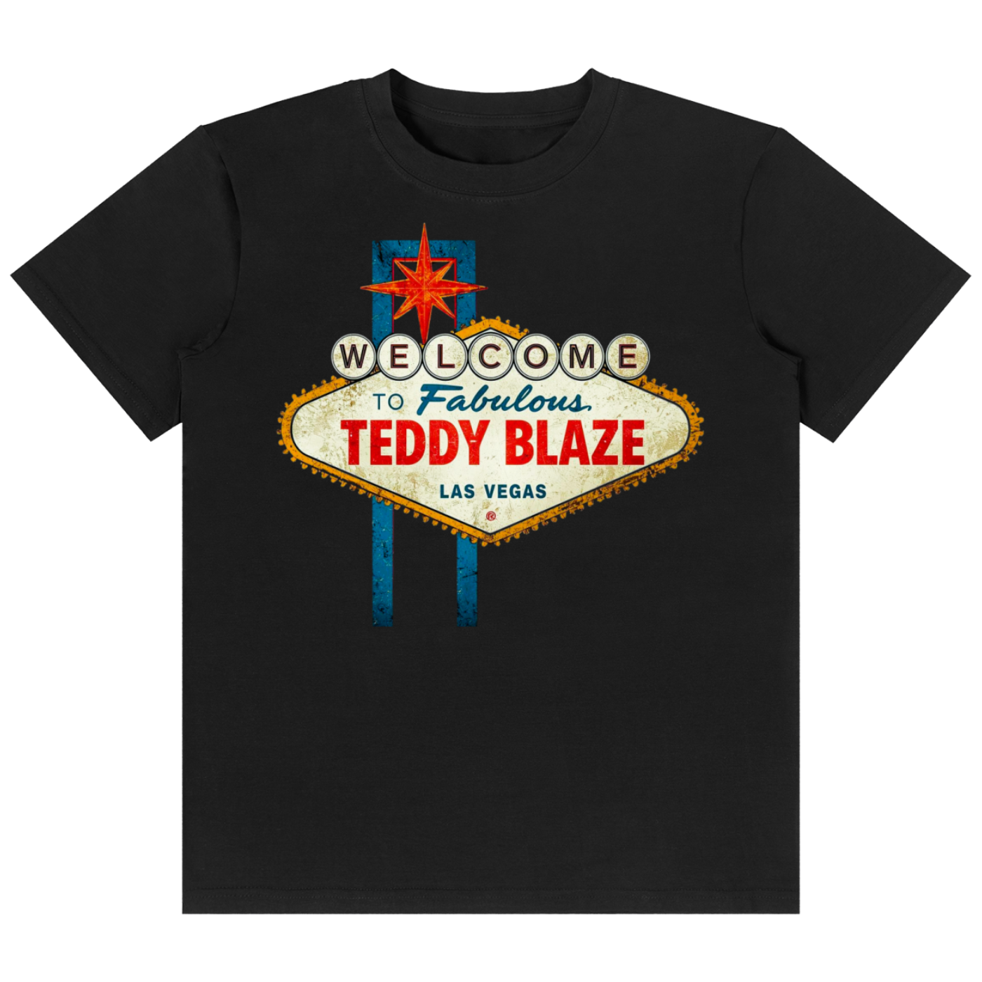 A black short-sleeve crewneck t-shirt featuring a vintage-style 'Welcome to Fabulous Teddy Blaze Las Vegas' sign graphic printed on the chest.