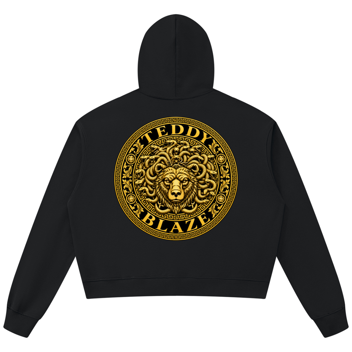 Elevate your statement outerwear with the House of Teddy Blaze Beardusa V-Neck Box Cut Raw Edge Fleece Hoodie. Black 360 gsm fleece, notched V-neck collar, raw edge details, and gold Medusa bear graphics. Shop NYC to Vegas style.