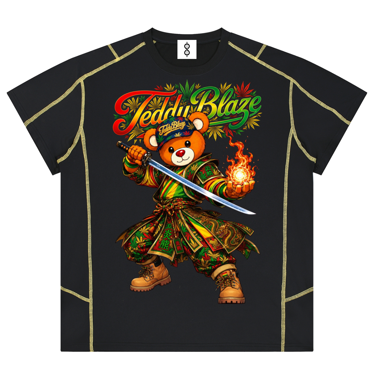 A black short-sleeve t-shirt with a large graphic print of a teddy bear dressed as a samurai warrior holding a sword and a flame, with 'The Feddin Blaze' text above. The shirt features gold-colored seam lines and is displayed on a solid white background.