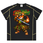A black short-sleeve t-shirt with a large graphic print of a teddy bear dressed as a samurai warrior holding a sword and a flame, with 'The Feddin Blaze' text above. The shirt features gold-colored seam lines and is displayed on a solid white background.