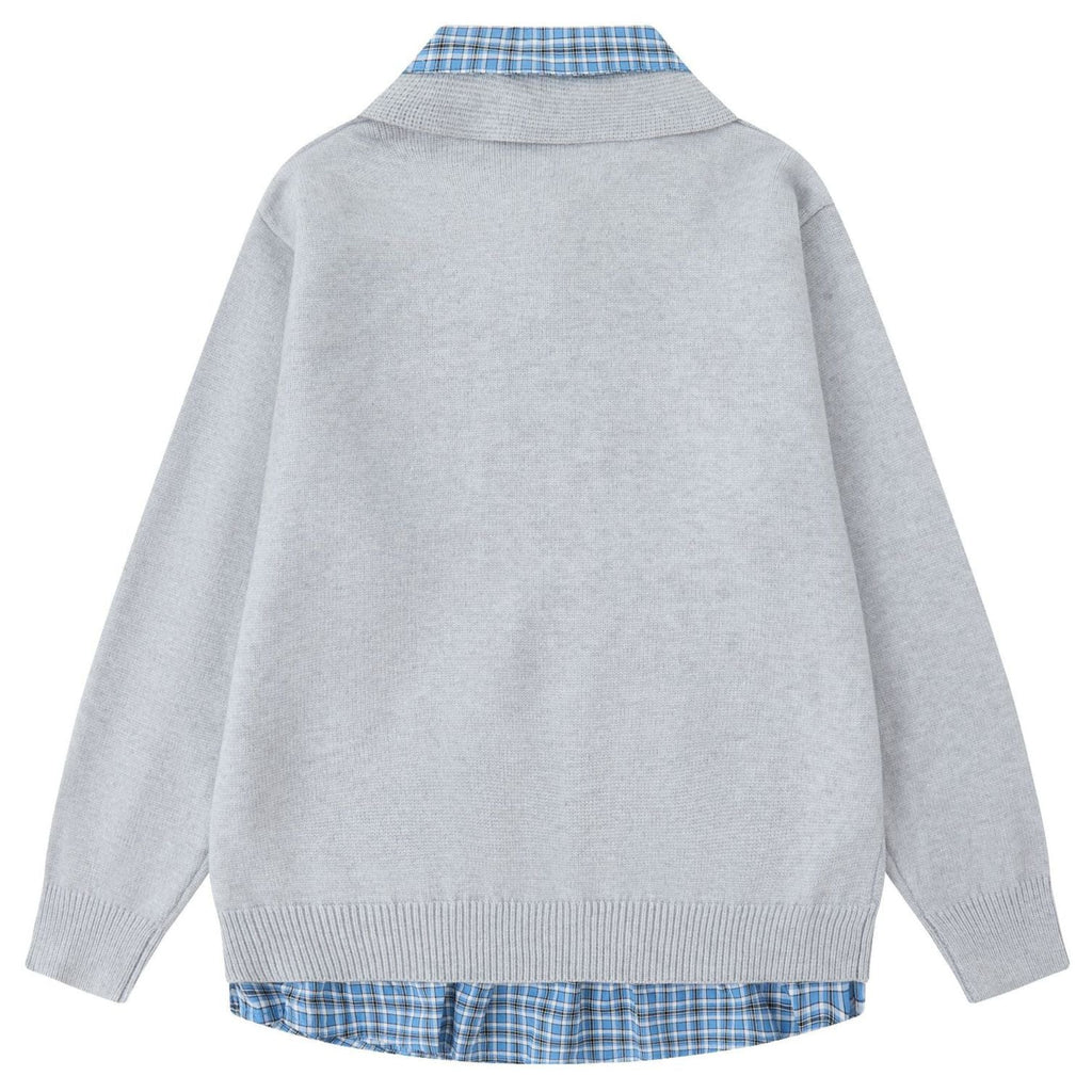 Shop the Iron + Ivy Layered Plaid Collar Polo Knit Sweater by Teddy Blaze. Preppy 2-in-1 layered cable knit sweater featuring an integrated plaid button-down collar and hem trim.
