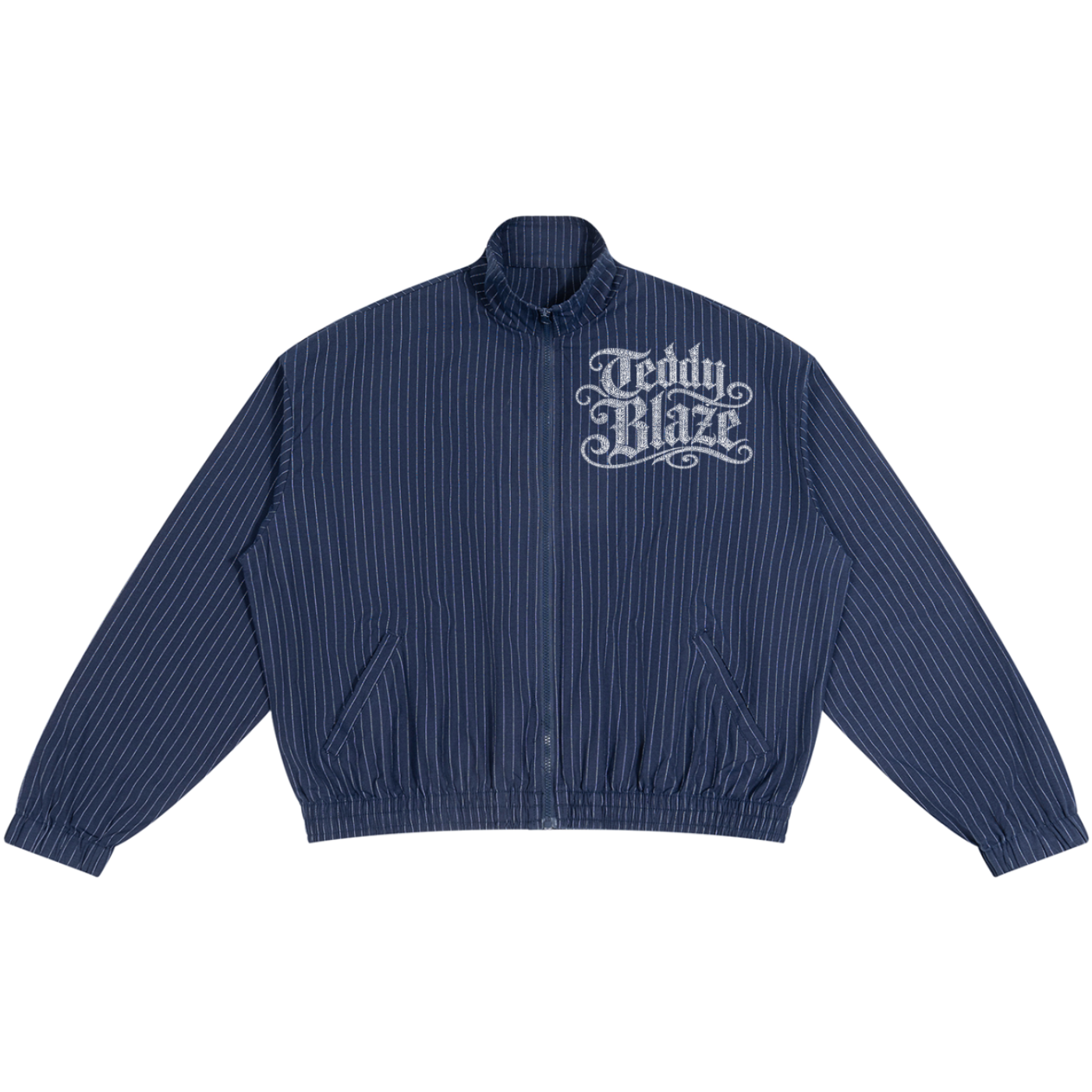 A navy blue pinstriped zip-up jacket with a stand collar, featuring a white 'Teddy Blaze' logo printed on the left chest, displayed on a clean white background.
