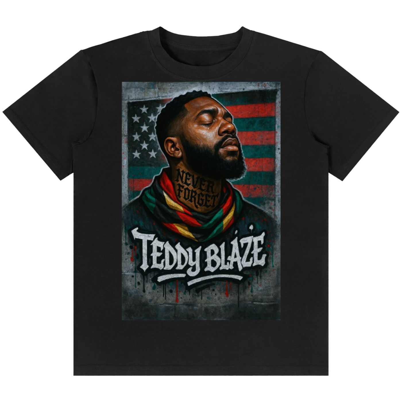 A black short-sleeve crewneck t-shirt featuring a large graphic print of a portrait of Teddy Blake wearing a red, green, and yellow scarf, set against a distressed American flag background with the text 'TEDDY BLAZE' and 'NEVER FORGET'.