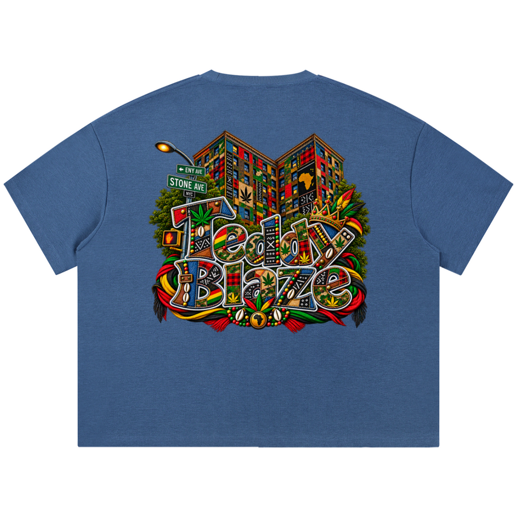 Shop the Teddy Blaze Boho Waffle Knit Boxy Tee, a heavyweight textured unisex tee featuring Teddy Blaze Boho and signature Brooklyn-inspired artwork.
