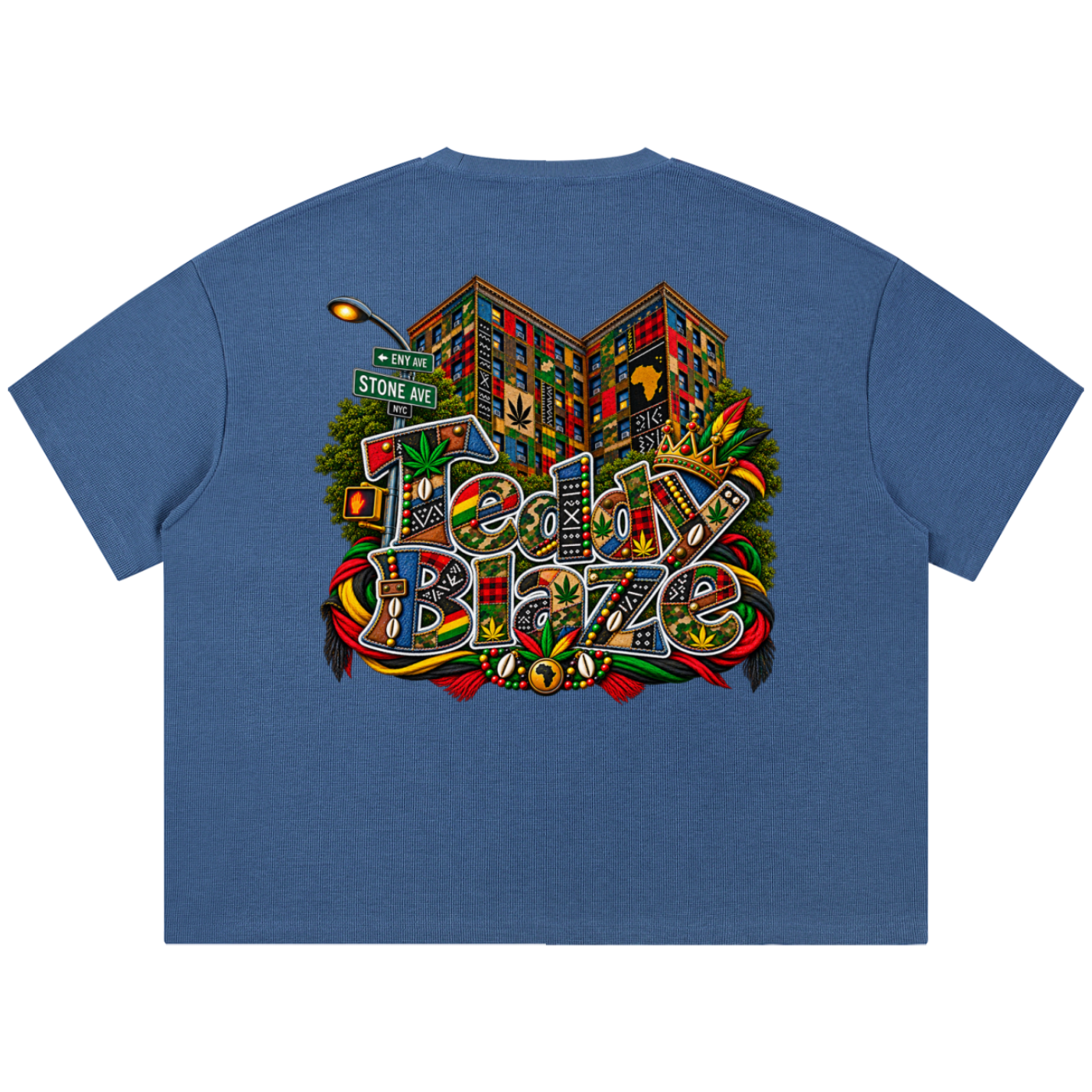 Shop the Teddy Blaze Boho Waffle Knit Boxy Tee, a heavyweight textured unisex tee featuring Teddy Blaze Boho and signature Brooklyn-inspired artwork.