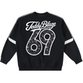 A black crewneck sweatshirt featuring a white graphic print on the front with the text 'TeddyBlaze' above a large number '69' filled with a starburst pattern. The sweatshirt has white stripes on the shoulders and sleeves.