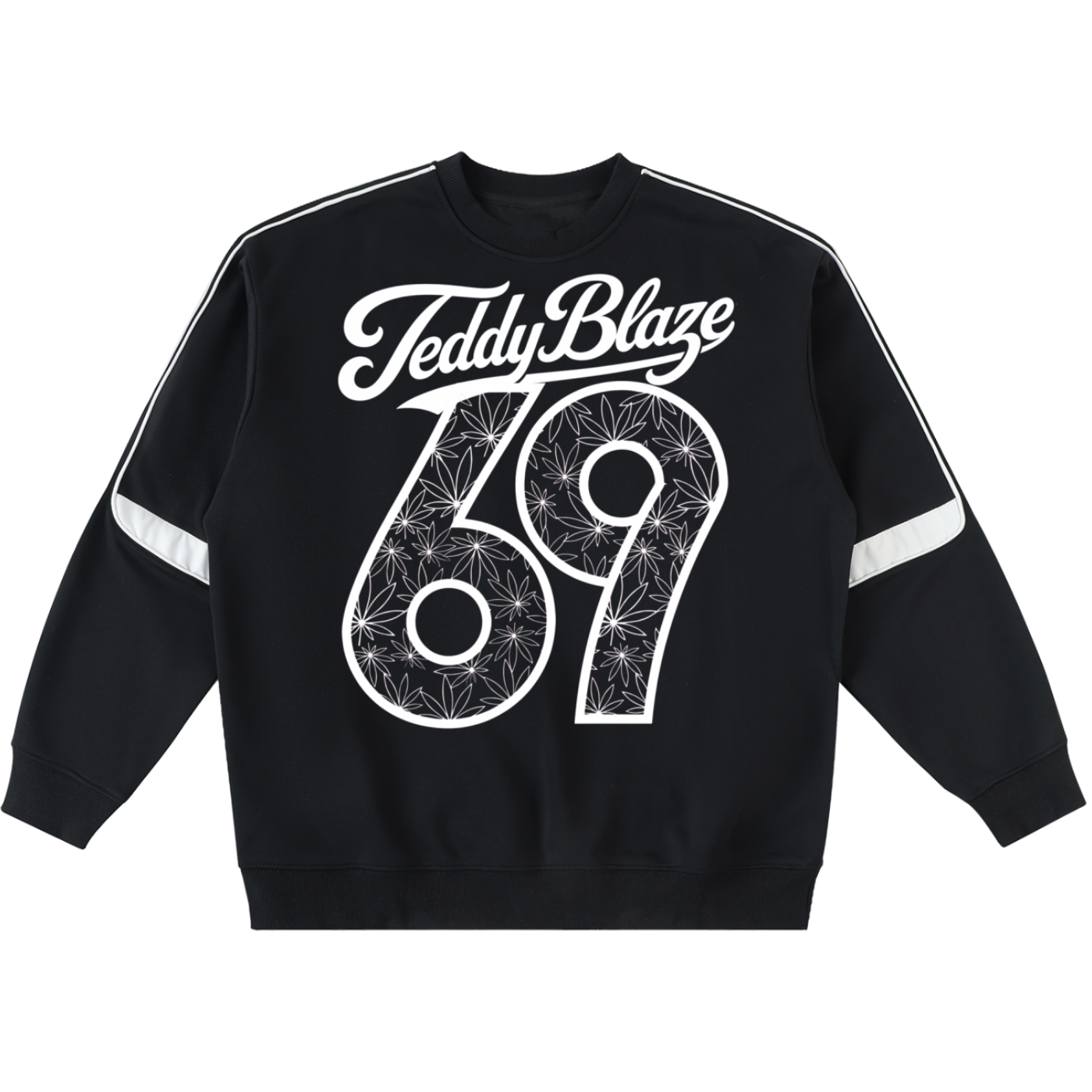 A black crewneck sweatshirt featuring a white graphic print on the front with the text 'TeddyBlaze' above a large number '69' filled with a starburst pattern. The sweatshirt has white stripes on the shoulders and sleeves.