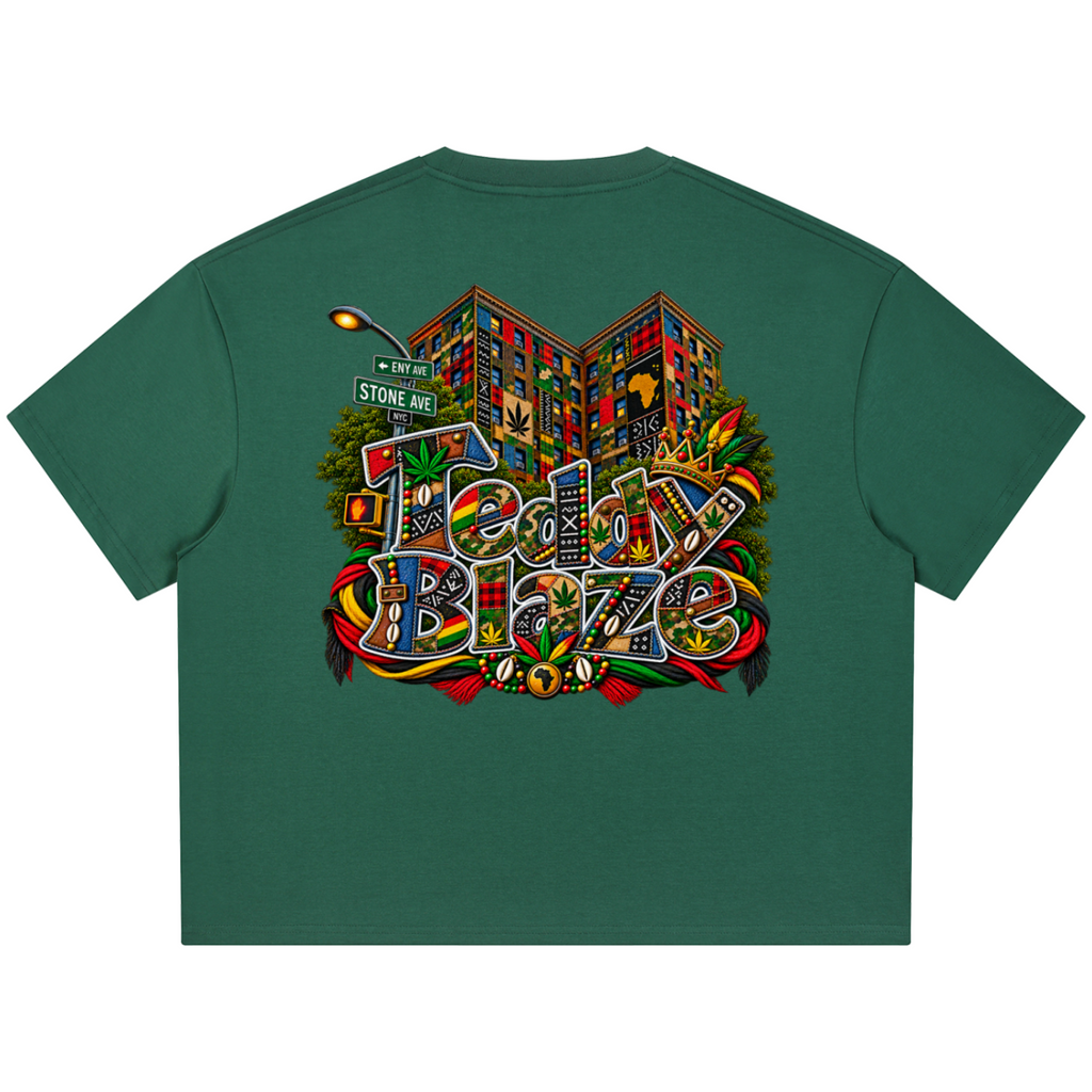 Shop the Teddy Blaze Boho ENY Boxy Coolmax Tee featuring Teddy Blaze Boho, a cotton-Coolmax blend and signature East New York-inspired artwork.
