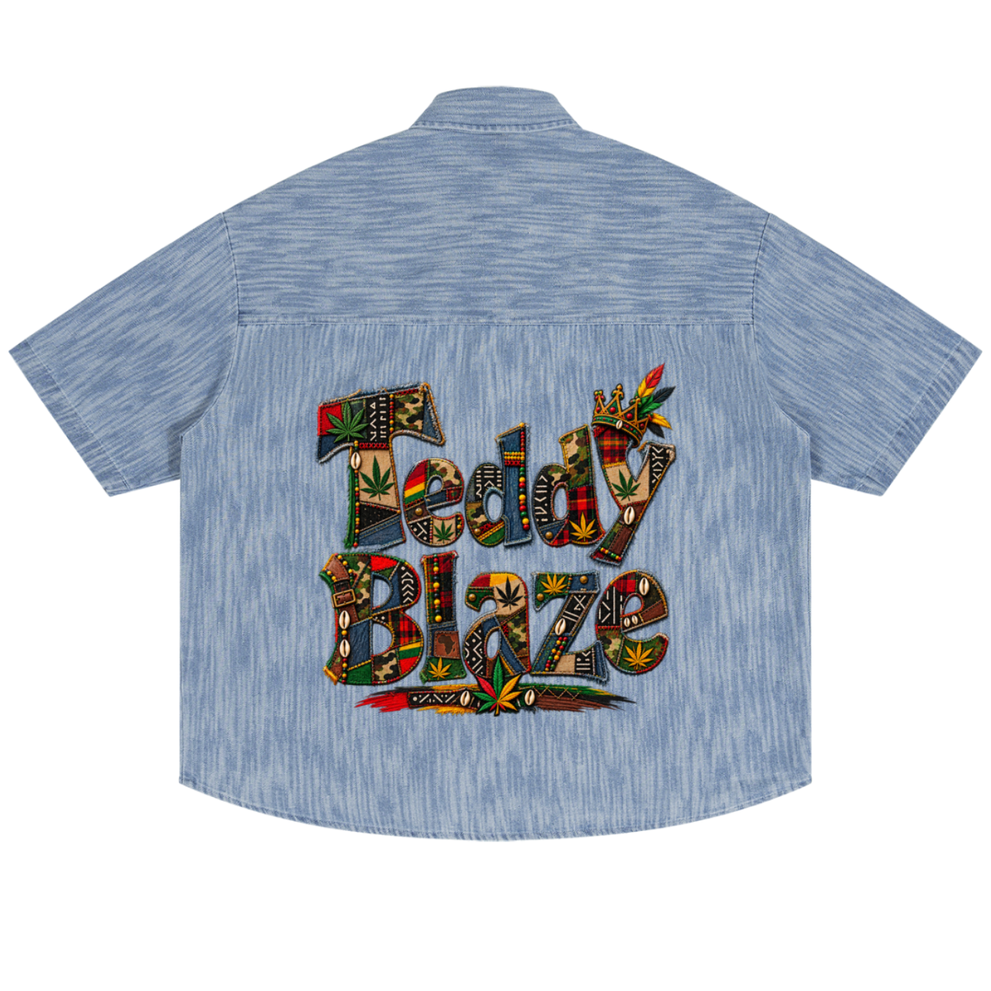Shop the Teddy Blaze Bearatoo vintage wash camp shirt, a boxy unisex button-up with AfroBohemian graphics, washed blue color and oversized fit.