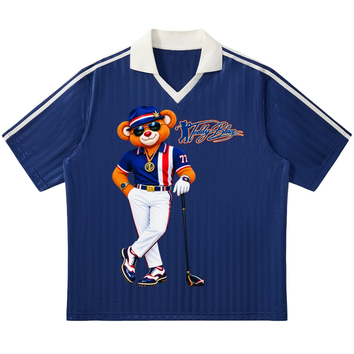 A short-sleeve navy blue polo shirt with a white V-neck collar and white shoulder stripes, featuring a large graphic of a cartoon bear dressed in a blue and orange golf outfit holding a club. The shirt is displayed flat against a solid white background.