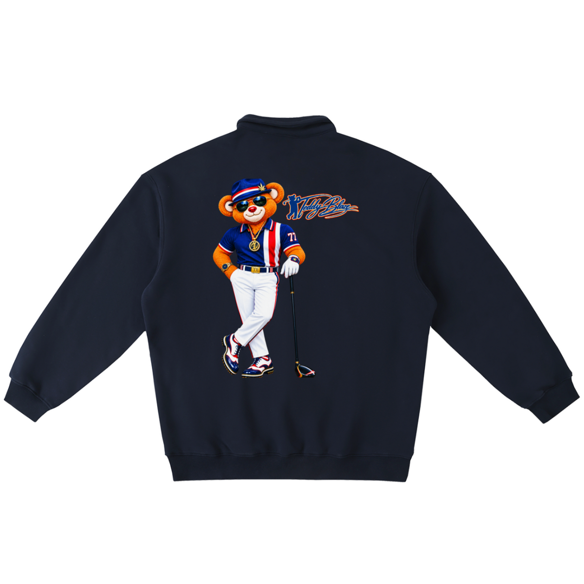 A navy blue quarter-zip sweatshirt shown from the back, featuring a large graphic of a cartoon bear wearing a baseball uniform and holding a golf club, with 'NY' written in stylized lettering.