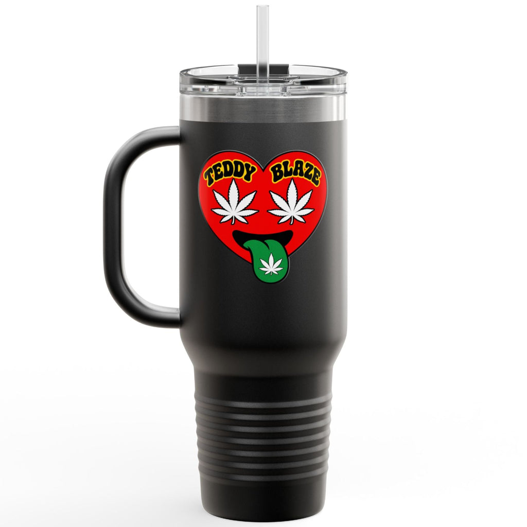 Black travel mug with red medical symbol on a white background