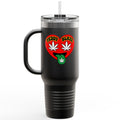 Black travel mug with red medical symbol on a white background