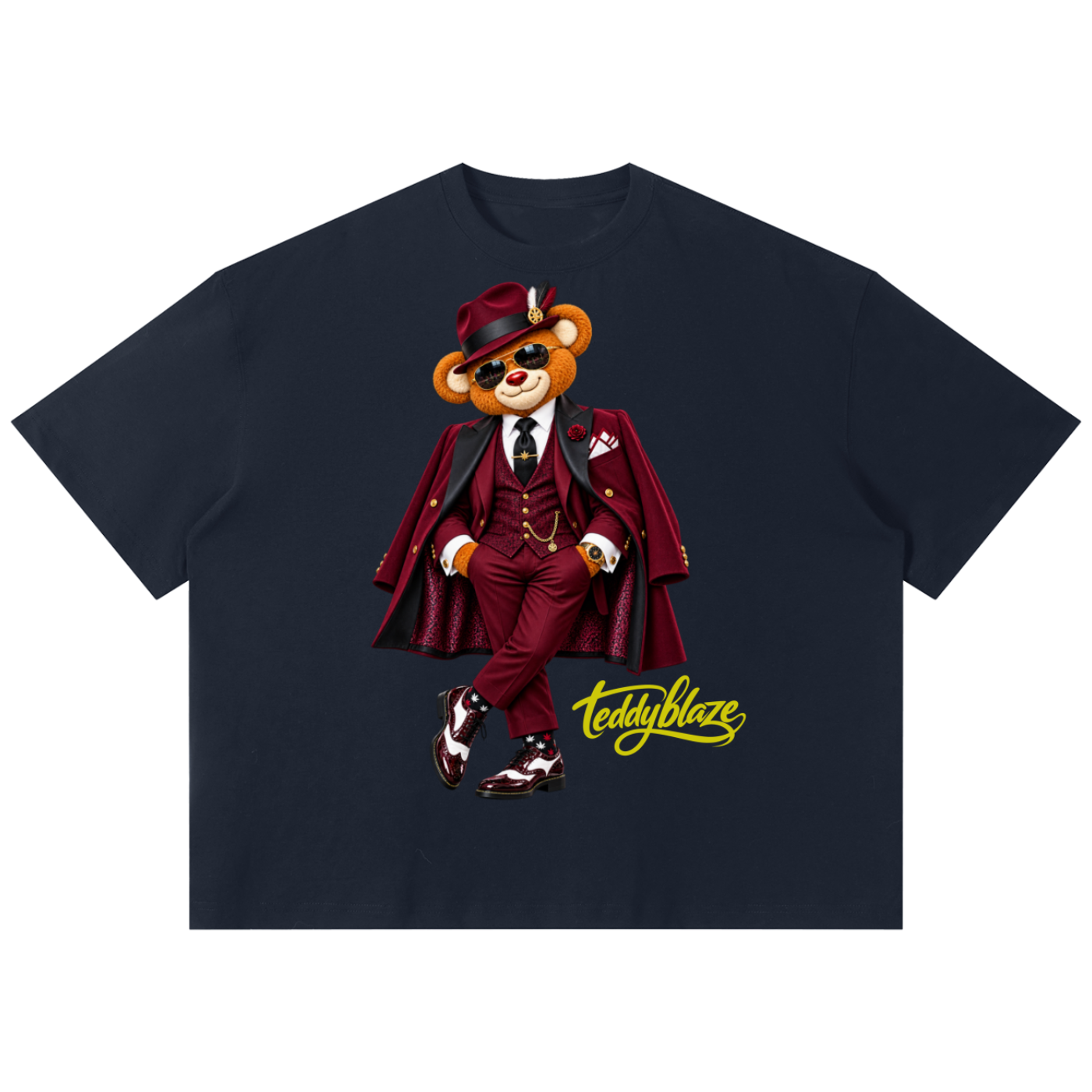 Shop the Bearfather of Vegas Boxy Tee by Teddy Blaze. 220 GSM cotton-poly oversized drop-shoulder t-shirt with suited bear graphic from TOPS BY TEDDY BLAZE.