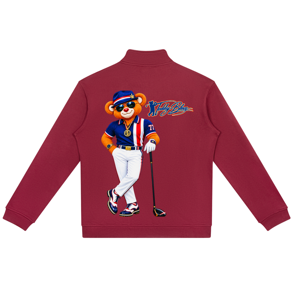 A maroon long-sleeve quarter-zip sweatshirt shown from the back, featuring a large graphic of a cartoon teddy bear wearing a baseball uniform and holding a golf club, with a stylized 'MVP' logo.