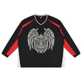 A black long-sleeve athletic jersey with red shoulder and sleeve panels, featuring a large white tribal-style winged demon head graphic on the chest.