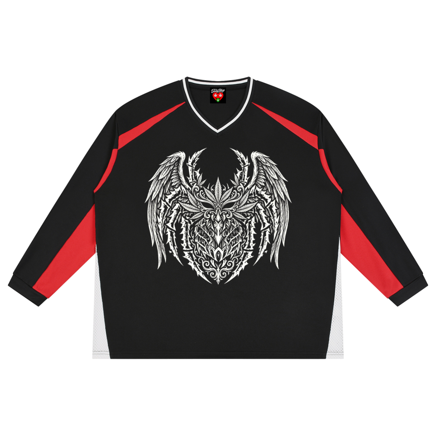 A black long-sleeve athletic jersey with red shoulder and sleeve panels, featuring a large white tribal-style winged demon head graphic on the chest.