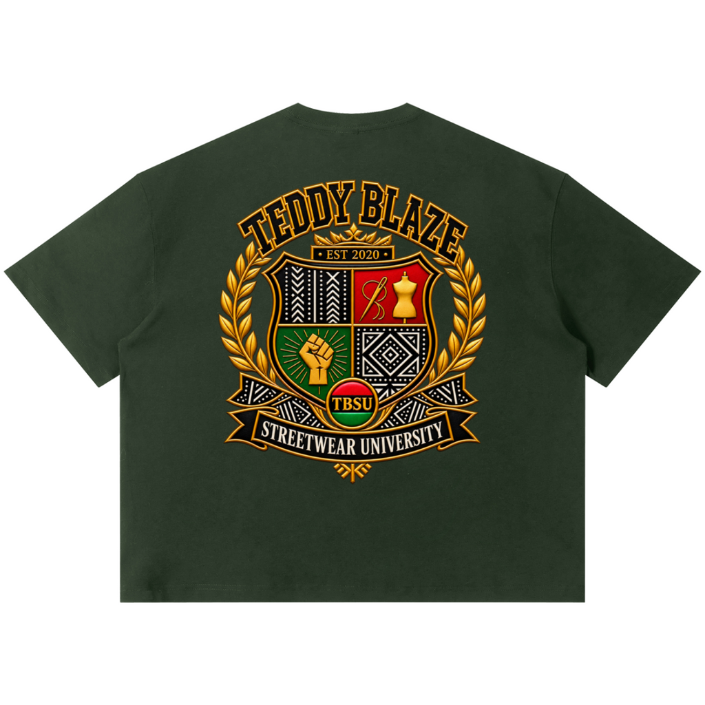 Shop the Teddy Blaze TBSU Heritage Graphic Boxy Cut Tee. Oversized dark green streetwear t-shirt featuring signature bear mascot artwork and a back university crest.