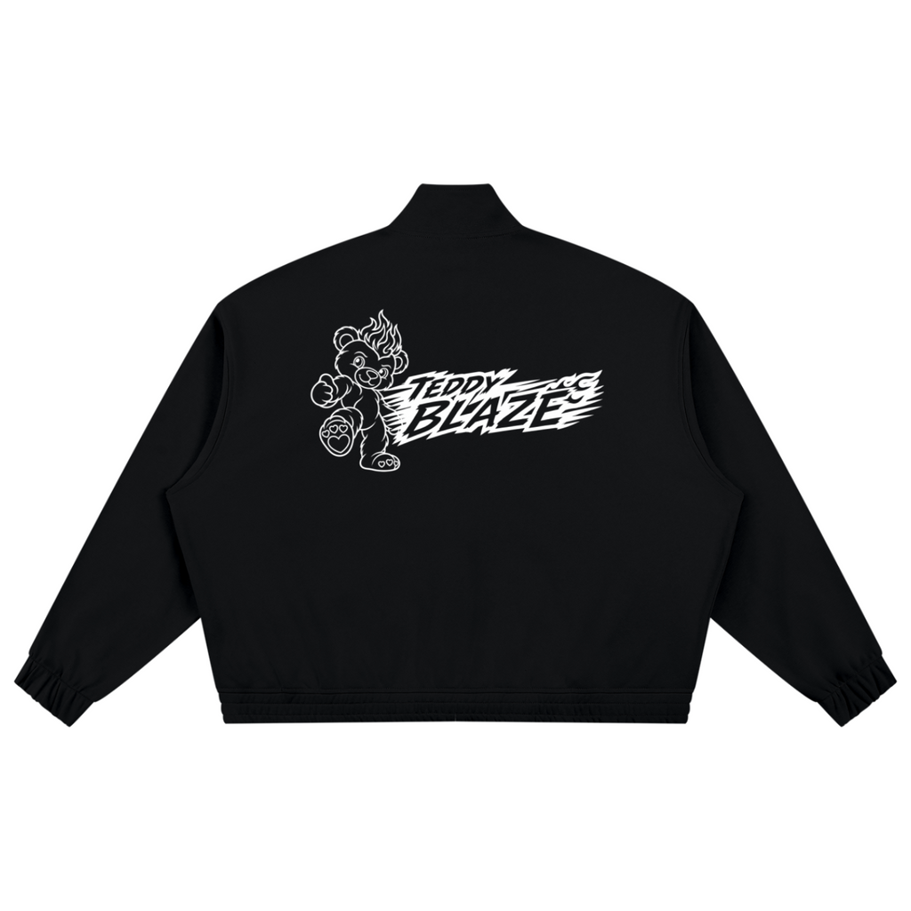 Elevate your outerwear rotation with the House of Teddy Blaze Afro Yorker Striped Sleeve Box Cut Pankou Jacket. Black 350 gsm heavyweight jacket, Pankou knot buttons, athletic sleeve stripes, Afro Yorker chest embroidery, and NYC Statue of Liberty back emblem. Shop NYC to Vegas style.