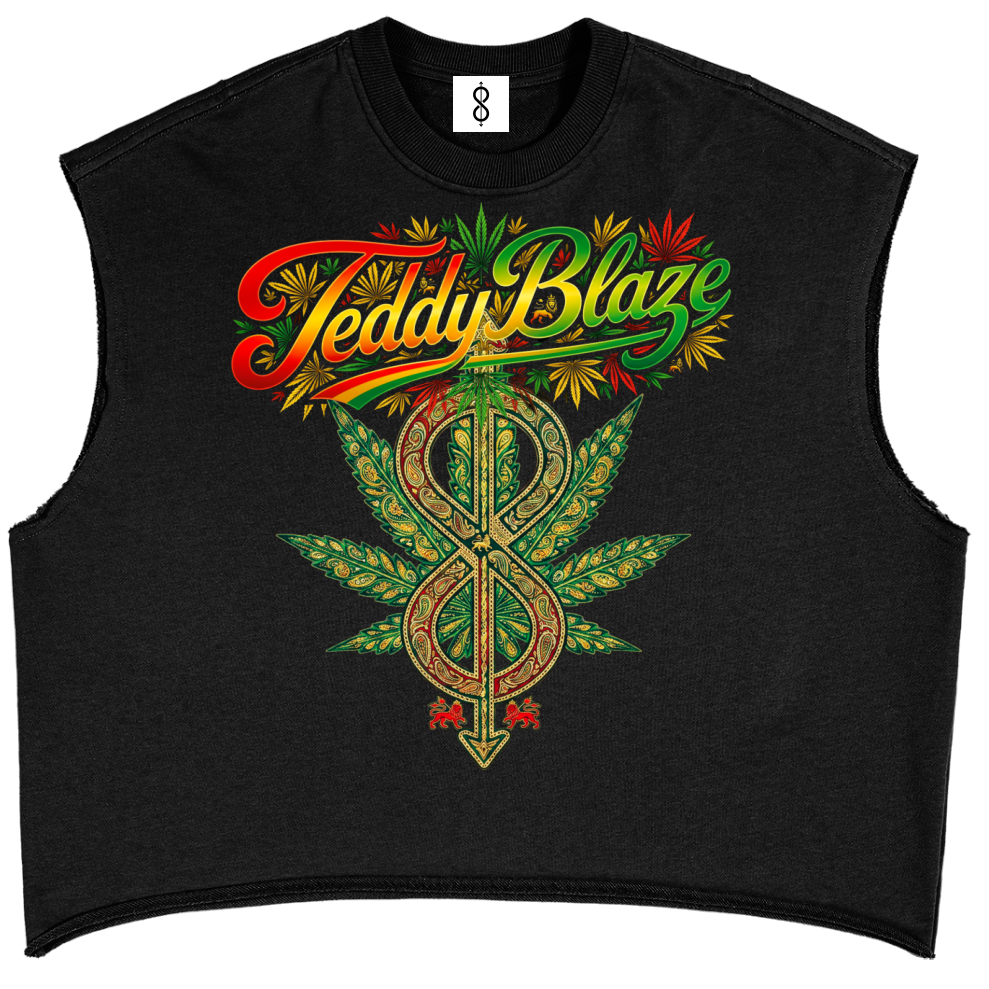 A black sleeveless crop top t-shirt featuring a large graphic on the front with the text 'Teddy Blaze' in red, yellow, and green script, above a cannabis leaf and infinity symbol design.