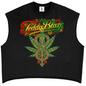 A black sleeveless crop top t-shirt featuring a large graphic on the front with the text 'Teddy Blaze' in red, yellow, and green script, above a cannabis leaf and infinity symbol design.