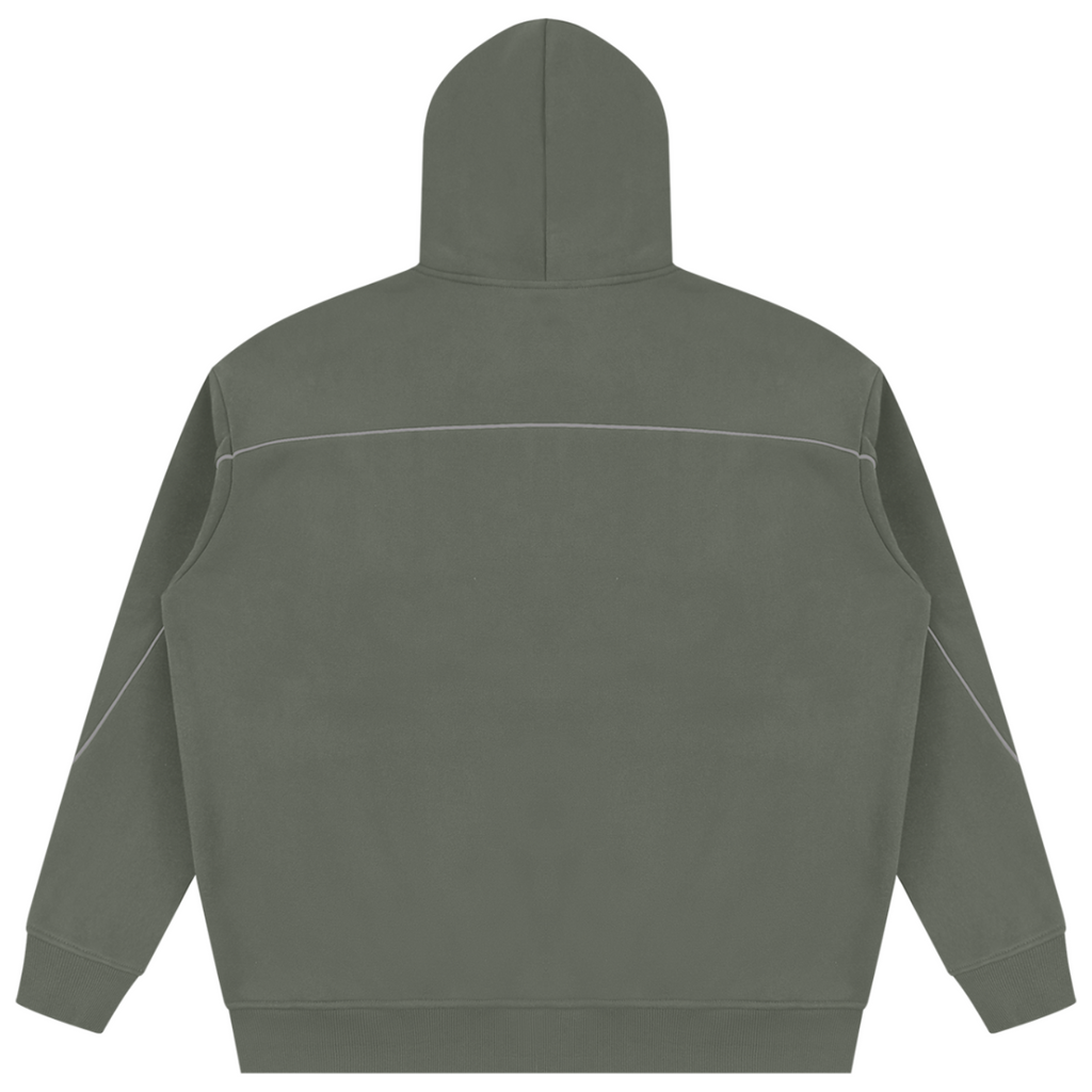 sage green hoodie, DaCruz pullover, piping detail fleece hoodie, 345 gsm fleece sweater, Teddy Blaze hoodie, IRON AND IVY collection, Black owned luxury streetwear, contrast piping hoodie, DaCruz cross sweatshirt, executive street style