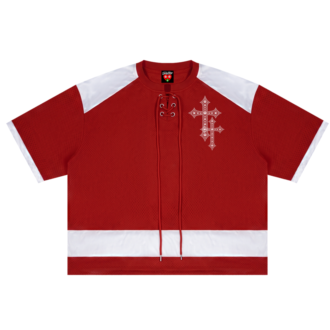 A red short-sleeve hockey-style jersey top with white shoulder and hem panels, lace-up front detailing, and a white ornate cross graphic on the left chest, shown on a plain white background.