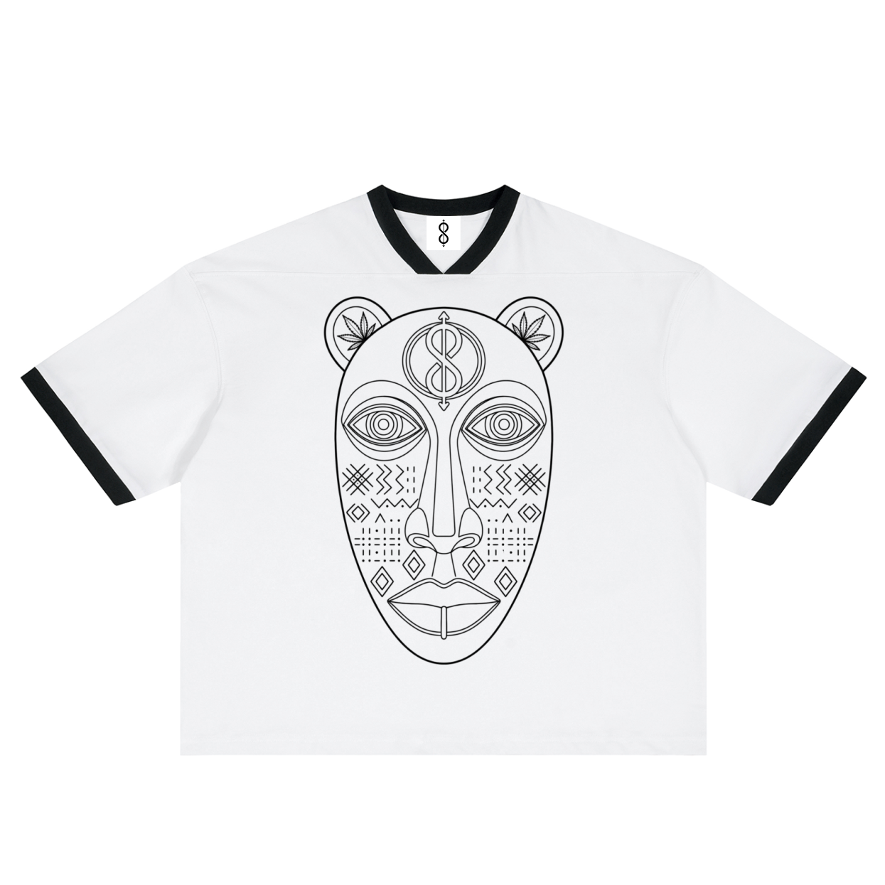 A white ringer t-shirt with black trim on the collar and sleeve cuffs, featuring a large black line art graphic of a tribal-style face on the front.