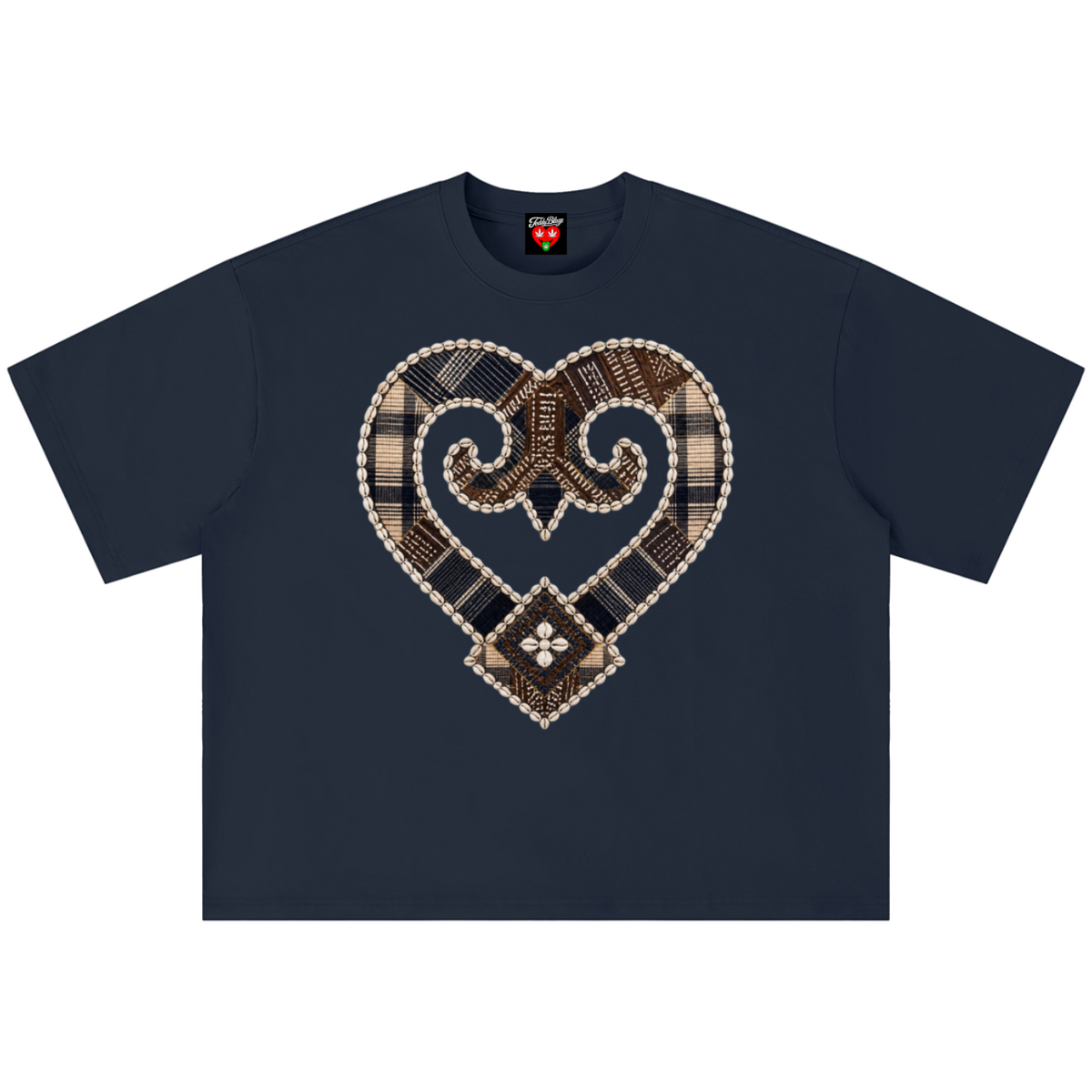 A navy blue short-sleeve t-shirt with a large heart-shaped graphic on the chest. The graphic features a patchwork design of brown plaid, beige stripes, and white beaded borders, with a small black and white clover motif at the bottom center.