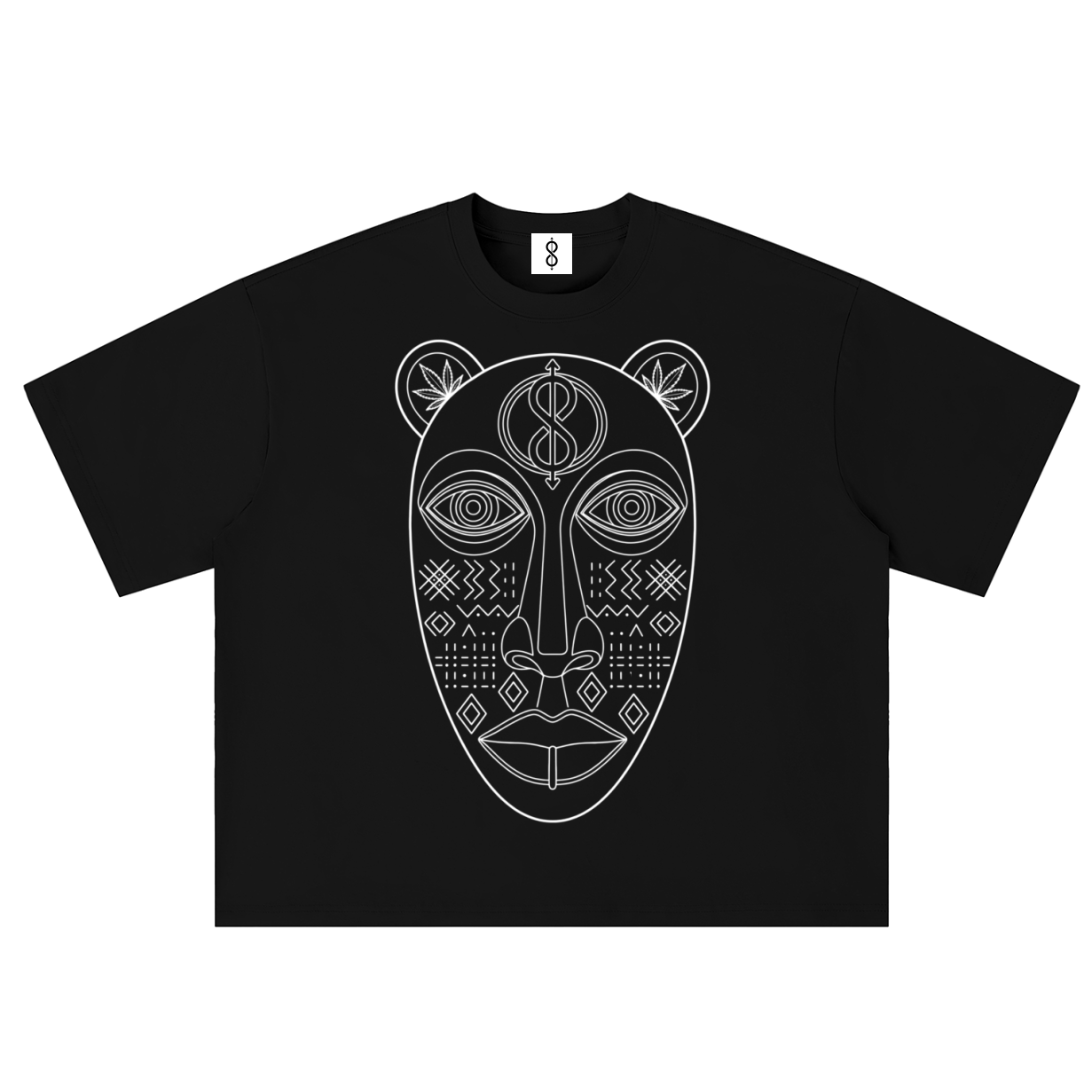 A black short-sleeve crop top t-shirt featuring a white line art graphic of an African tribal mask on the front, displayed flat against a solid white background.