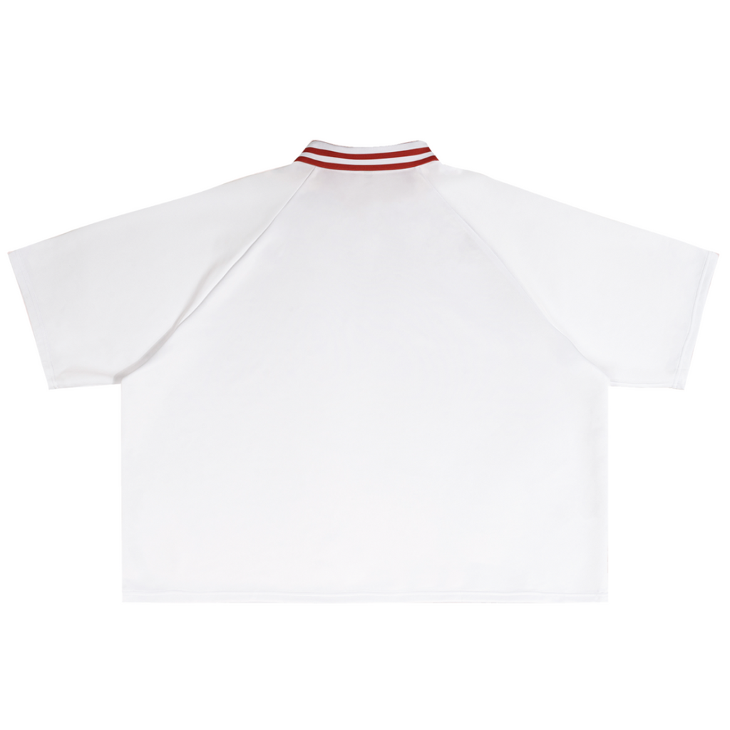 Shop the Signature Mr. Blaze Contrast Lapel Collar Boxy Short Sports Polo by Teddy Blaze. 240 GSM white stretch jersey polo with mascot art from TEDDY FORE!.