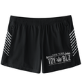 Black athletic shorts with white graphic prints on the left leg and white diagonal stripes on the sides, shown against a plain white background.