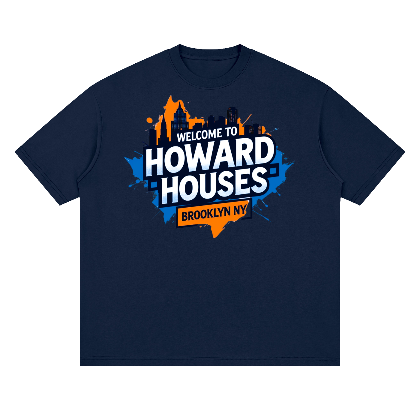 A navy blue short-sleeve t-shirt with a colorful graphic on the chest reading 'WELCOME TO HOWARD HOUSES BROOKLYN NY' over an orange and blue city skyline silhouette.