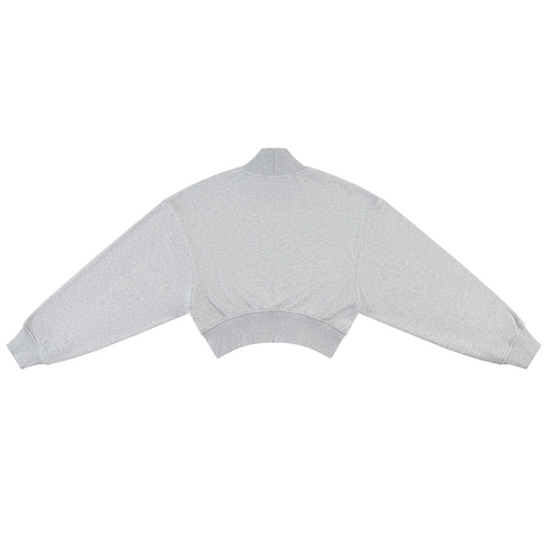 Shop the Signature Cropped Mock Neck Jumper by Teddy Blaze. Heather gray 280 GSM fleece cropped sweater featuring black script branding from THE BLAZE WOMAN.