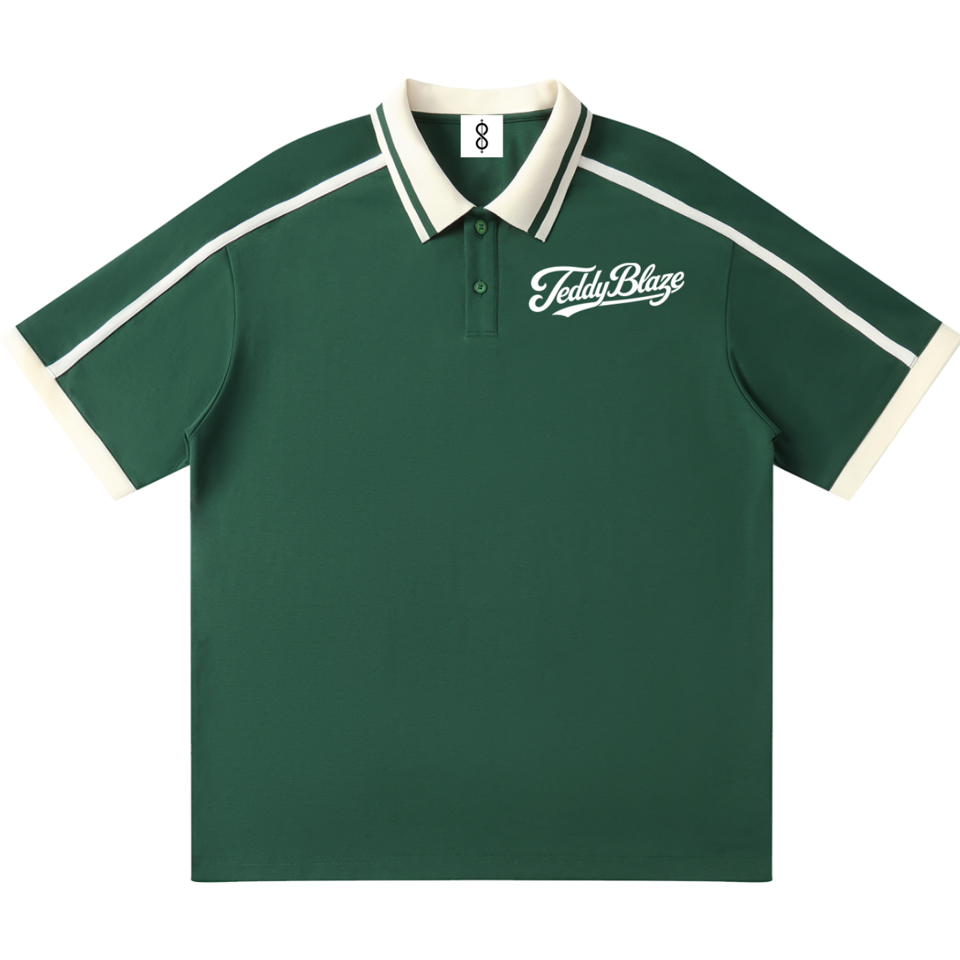 A dark green short-sleeve polo shirt with cream-colored ribbed trim on the collar, sleeve cuffs, and shoulders, featuring a white 'Freddi Blogo' script logo on the left chest.