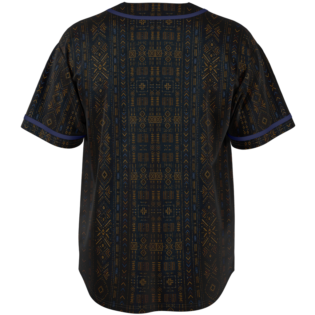 Shop the Teddy Blaze Mud Adire Baseball Jersey, blending indigo African textile-inspired geometry with classic American sportswear and contrast piping.