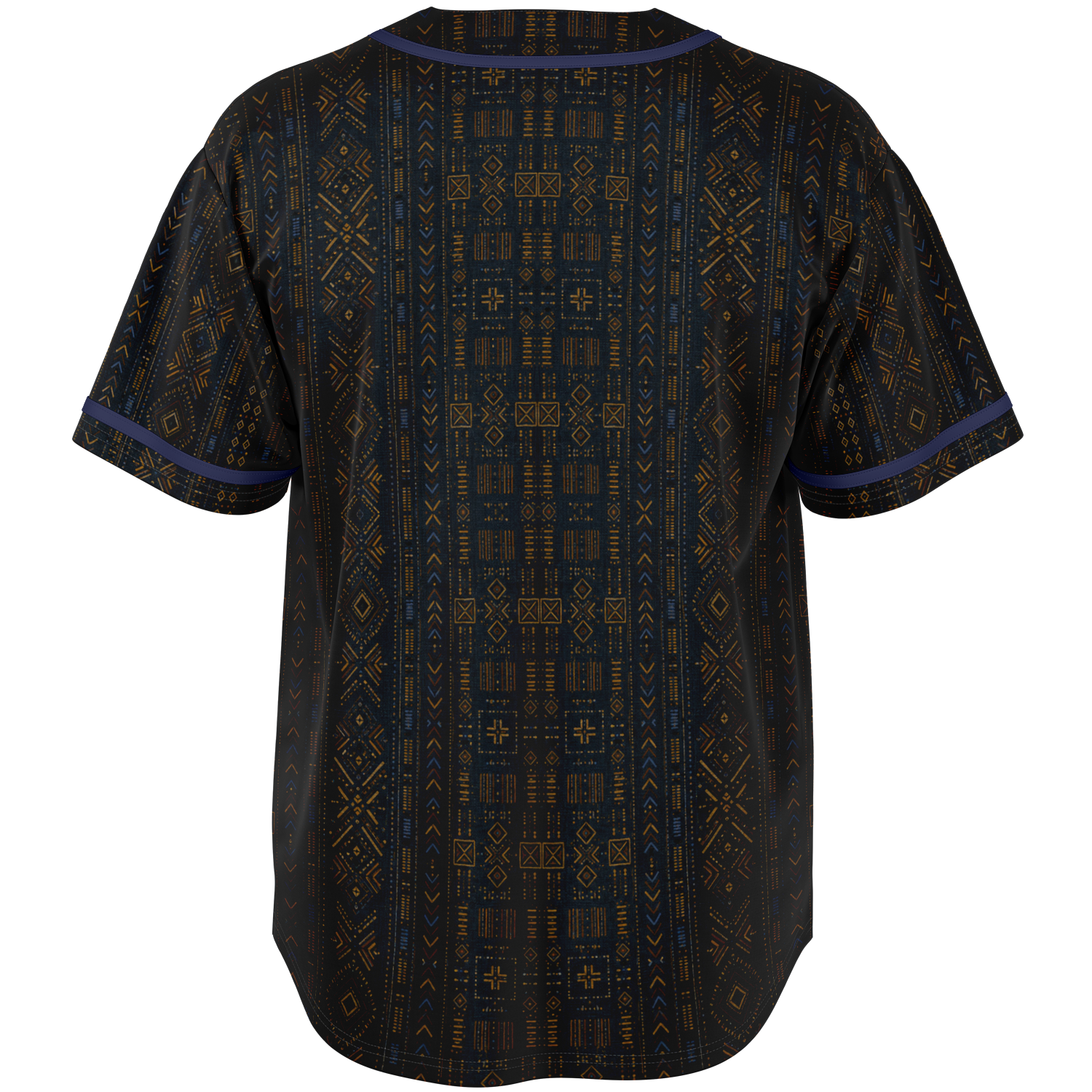 Shop the Teddy Blaze Mud Adire Baseball Jersey, blending indigo African textile-inspired geometry with classic American sportswear and contrast piping.