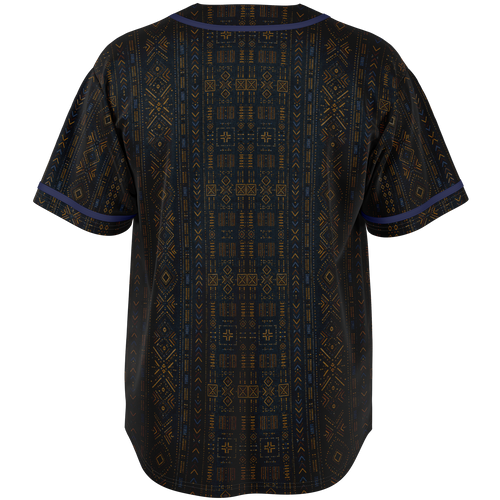 Shop the Teddy Blaze Mud Adire Baseball Jersey, blending indigo African textile-inspired geometry with classic American sportswear and contrast piping.