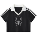 Black and white crop top with a logo on a white background