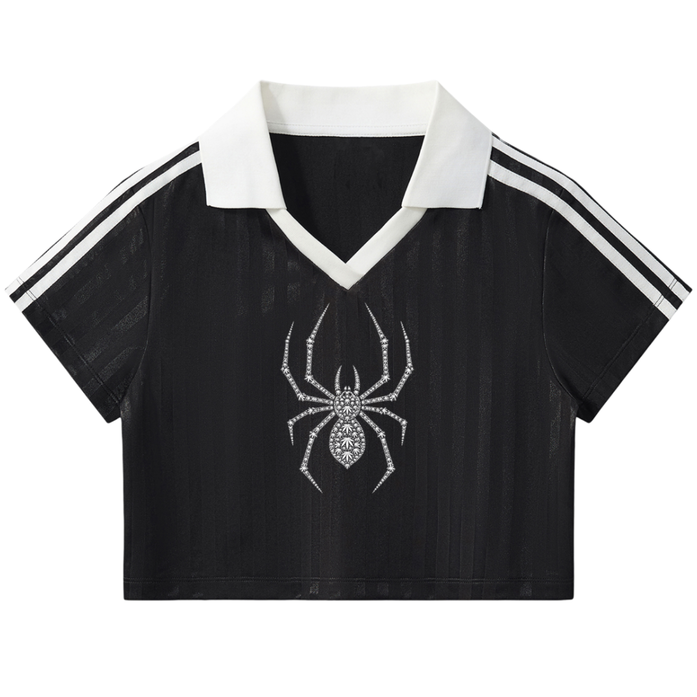 Black and white crop top with a logo on a white background