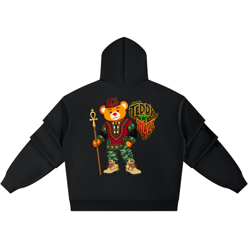 A black pullover hoodie shown from the back, featuring a large graphic print of a teddy bear dressed in medieval attire holding a staff, with a shield that reads 'TEDDY BURG'.