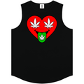 A black sleeveless tank top featuring a graphic of a red heart with white cannabis leaves and a green tongue sticking out, also decorated with a cannabis leaf, shown on a plain white background.
