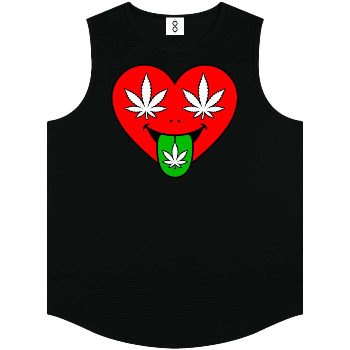 A black sleeveless tank top featuring a graphic of a red heart with white cannabis leaves and a green tongue sticking out, also decorated with a cannabis leaf, shown on a plain white background.