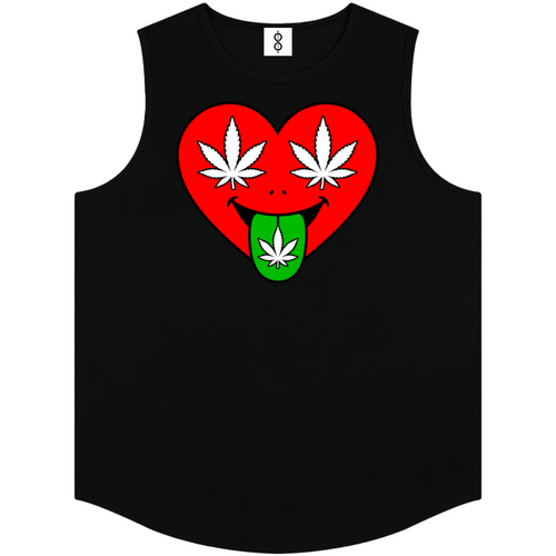 A black sleeveless tank top featuring a graphic of a red heart with white cannabis leaves and a green tongue sticking out, also decorated with a cannabis leaf, shown on a plain white background.