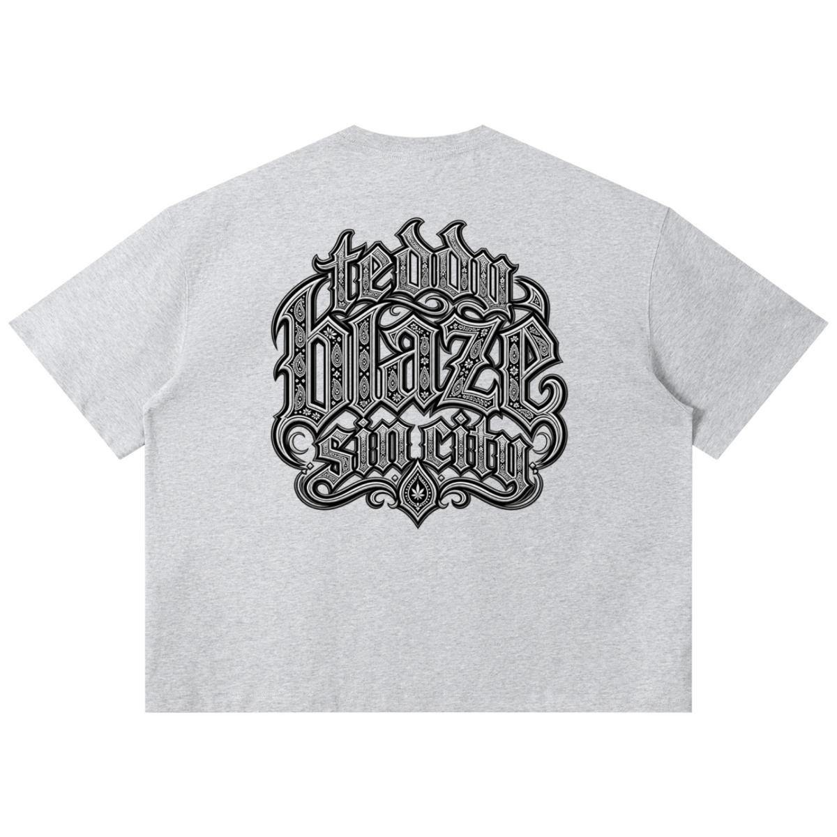 Elevate your streetwear with the Teddy Blaze Sin City Sacred Box Cut T-Shirt. Heather gray cotton blend, tattoo praying hands print, and boxy cut. Shop NYC to Vegas style.