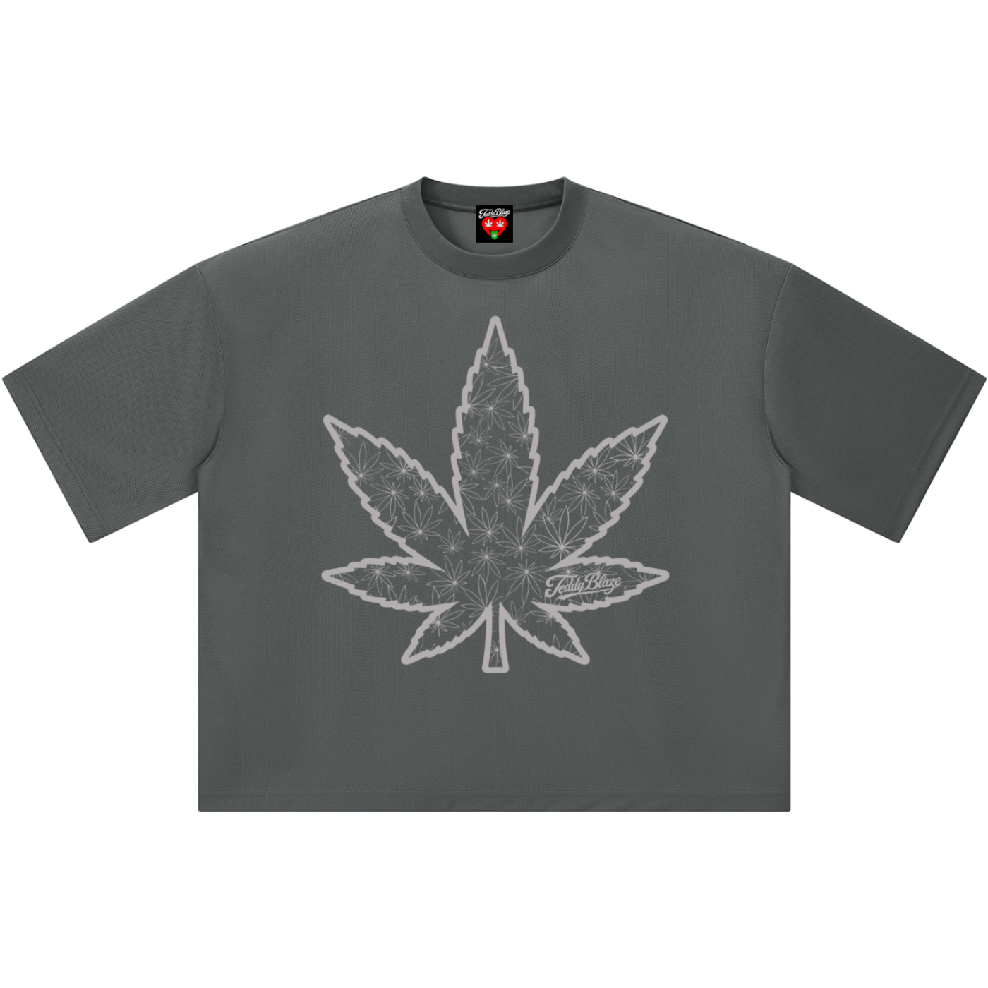 A dark gray short-sleeve t-shirt with a large white line-art cannabis leaf graphic printed on the front, displayed flat against a solid white background.