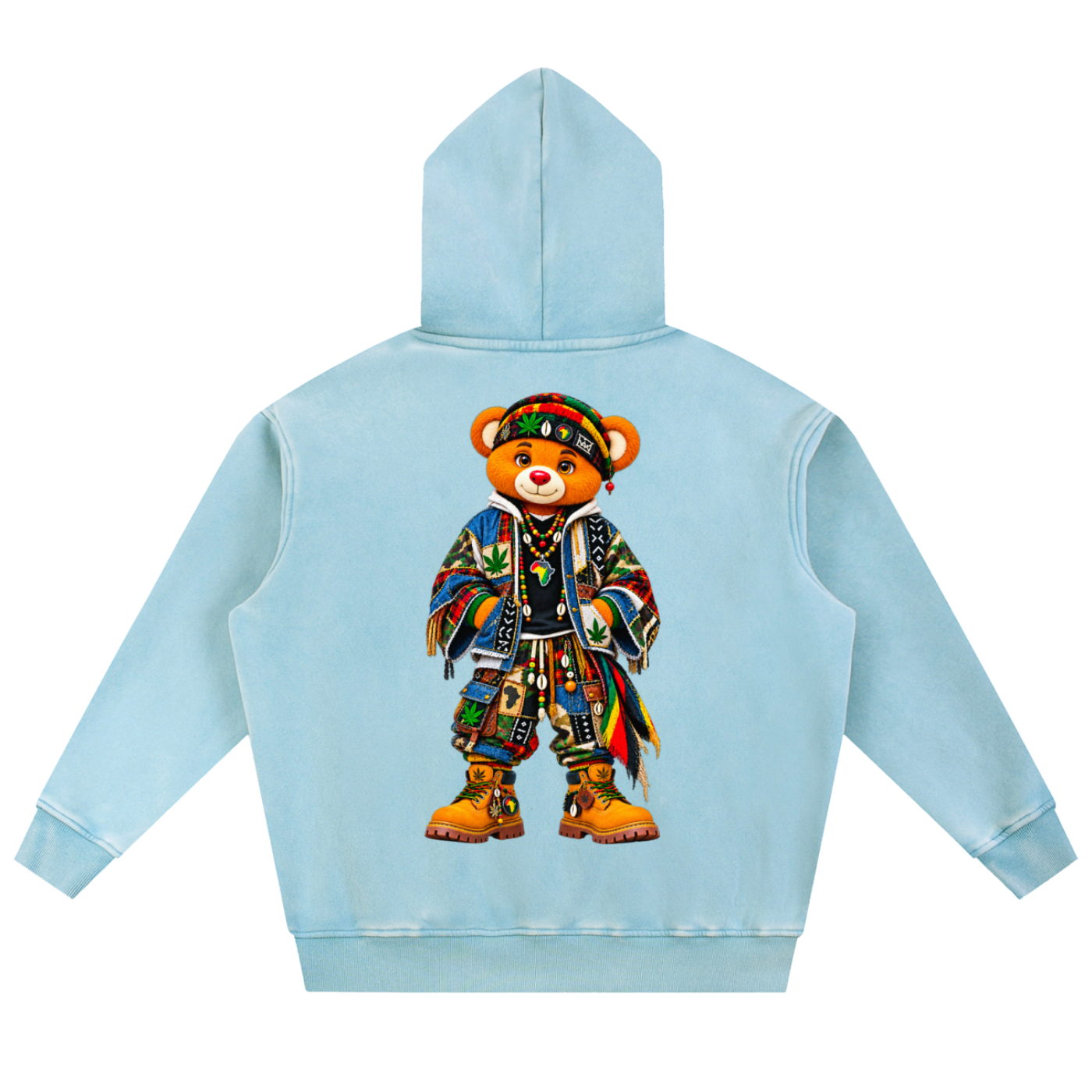 A light blue hooded sweatshirt shown from the back, featuring a large graphic of a teddy bear dressed in colorful, patterned clothing and boots.