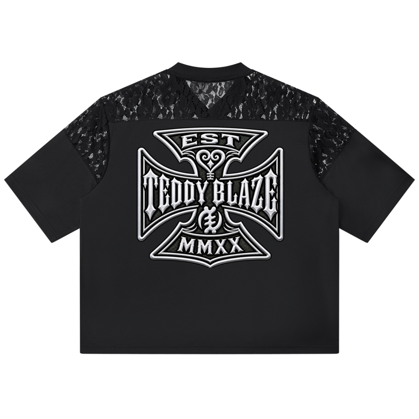 A black short-sleeve t-shirt with a large white 'Teddy Blaze' graphic on the front and black lace panels on the shoulders, shown against a plain white background.